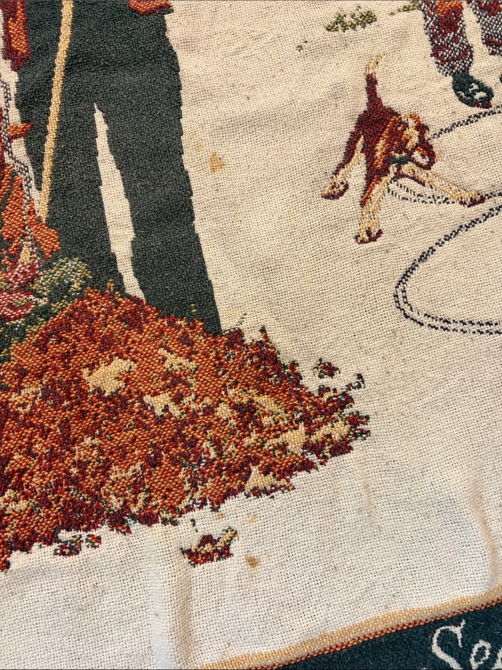 VTG Norman Rockwell Four Seasons Woven Tapestry Throw Blanket Fringed Americana